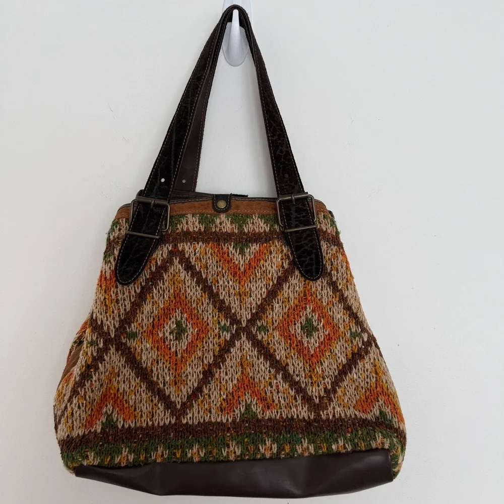 Vintage Bonfanti Made in Italy Knit Hobo Shoulder Bag‎ Leather Trim Virgin Wool